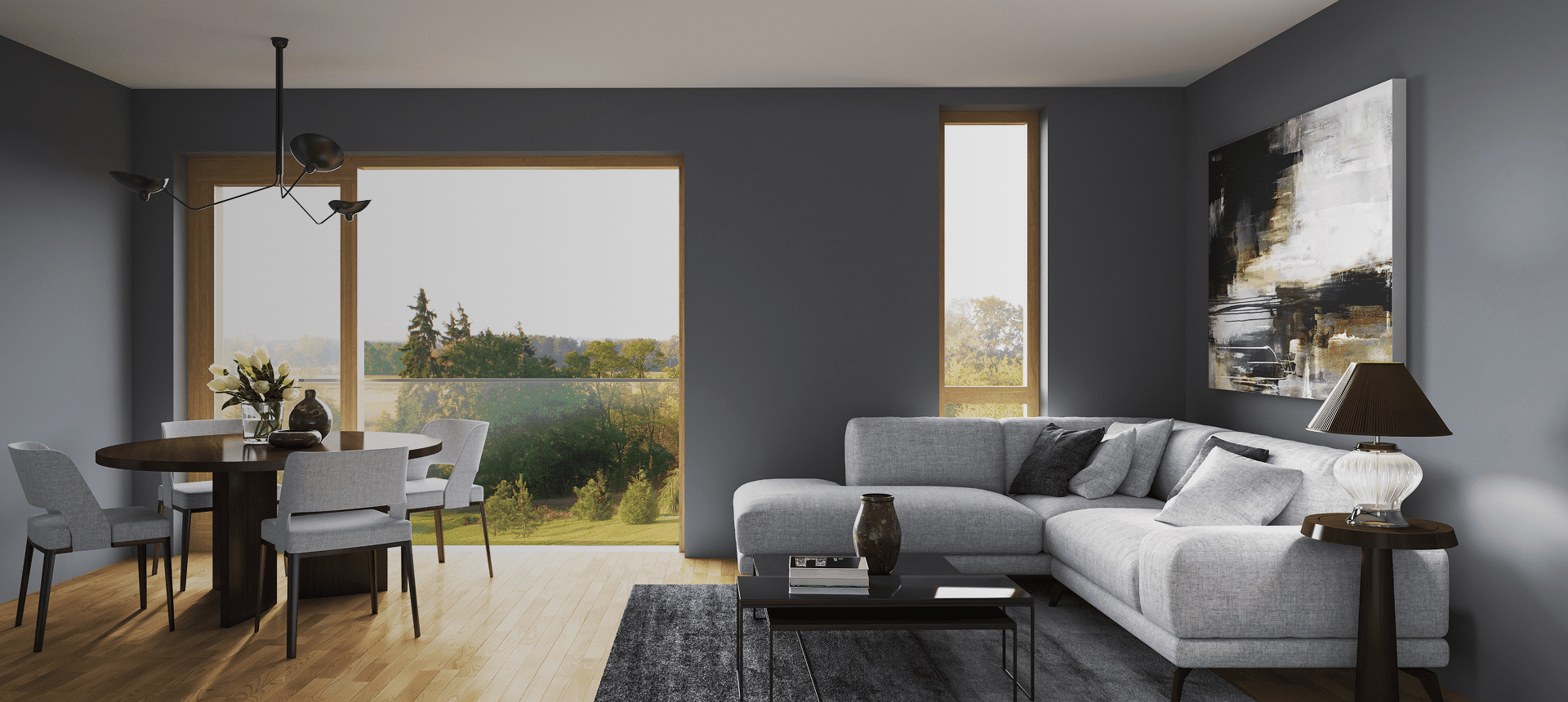 Modern living room with gray sofa