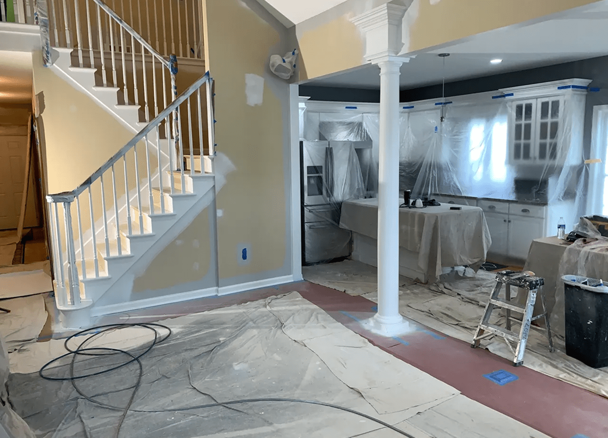 Remodeling project with covered furniture and tools